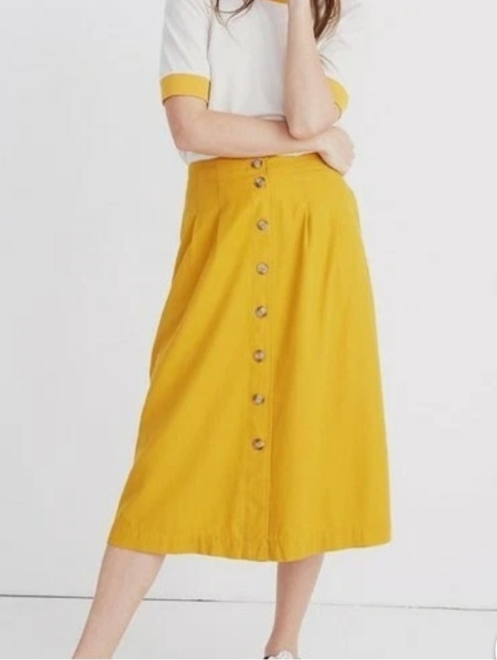 Madewell Patio Button-front Cotton Blend Midi Skirt Mustard Yellow Plus Size 16